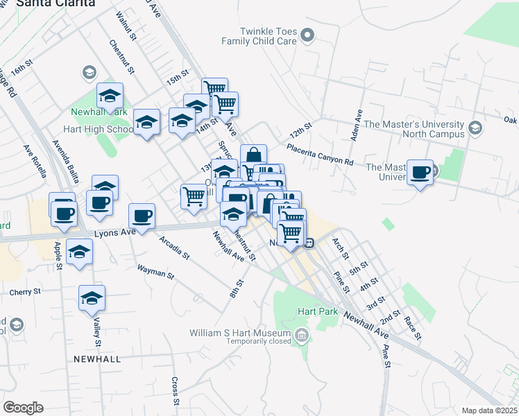 map of restaurants, bars, coffee shops, grocery stores, and more near 24500 Main Street in Santa Clarita