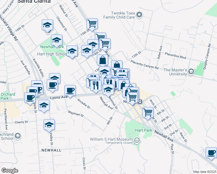 map of restaurants, bars, coffee shops, grocery stores, and more near 24513 Walnut Street in Santa Clarita