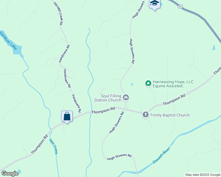map of restaurants, bars, coffee shops, grocery stores, and more near 800 Hugh Stowers Road in Dawsonville