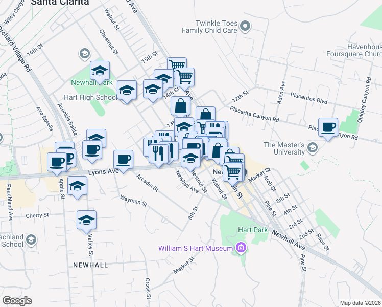 map of restaurants, bars, coffee shops, grocery stores, and more near 24513 Walnut Street in Santa Clarita