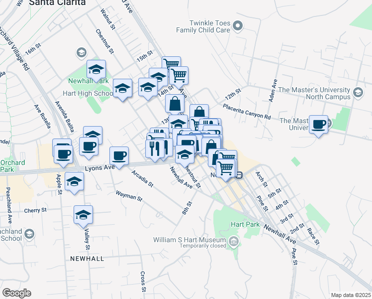 map of restaurants, bars, coffee shops, grocery stores, and more near 24529 Walnut Street in Santa Clarita