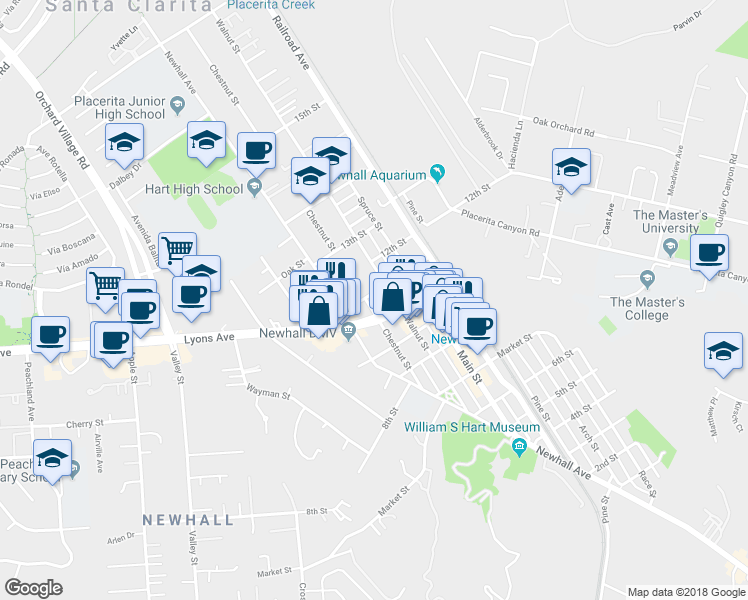 map of restaurants, bars, coffee shops, grocery stores, and more near 24522 Chestnut Street in Santa Clarita