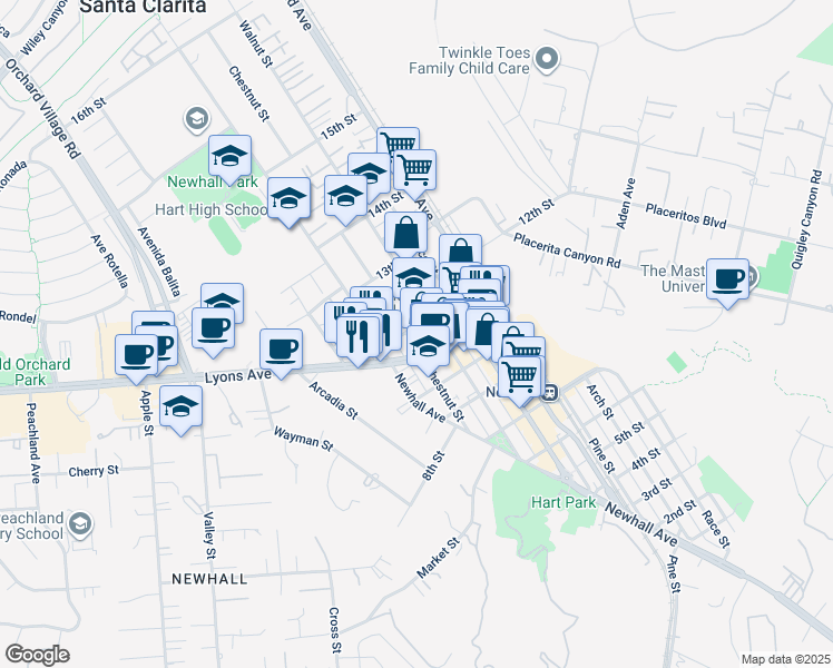 map of restaurants, bars, coffee shops, grocery stores, and more near 24529 Walnut Street in Santa Clarita
