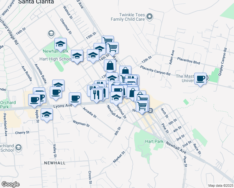 map of restaurants, bars, coffee shops, grocery stores, and more near 24513 Walnut Street in Santa Clarita
