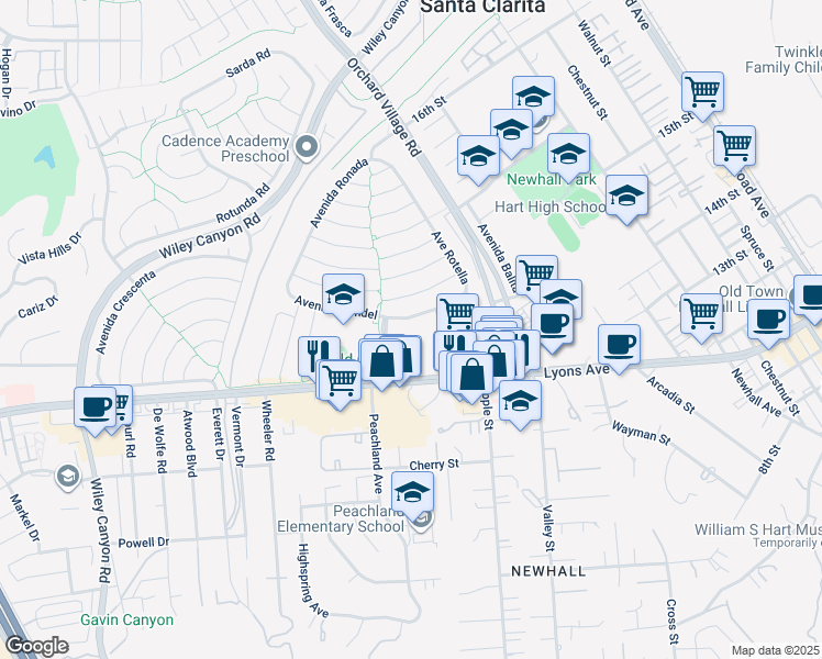 map of restaurants, bars, coffee shops, grocery stores, and more near 23515 Lyons Avenue in Santa Clarita