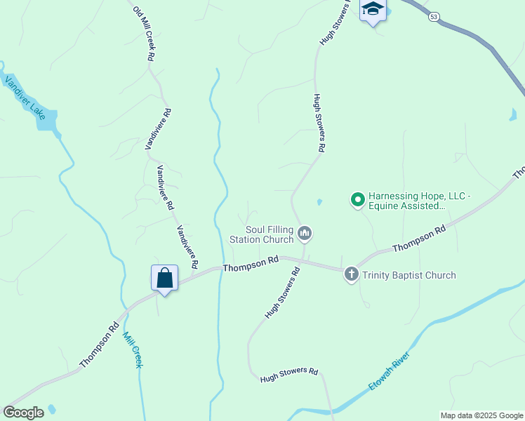 map of restaurants, bars, coffee shops, grocery stores, and more near 800 Hugh Stowers Road in Dawsonville