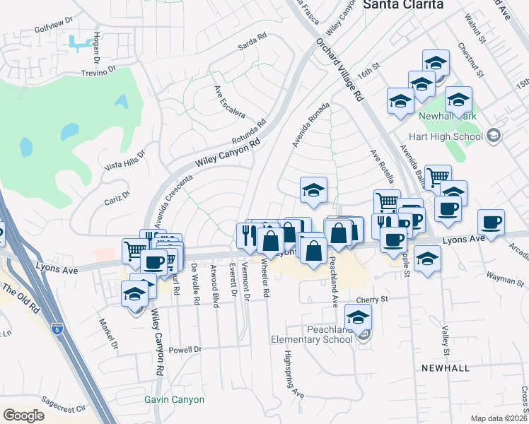 map of restaurants, bars, coffee shops, grocery stores, and more near 25263 Vía Sistine in Santa Clarita