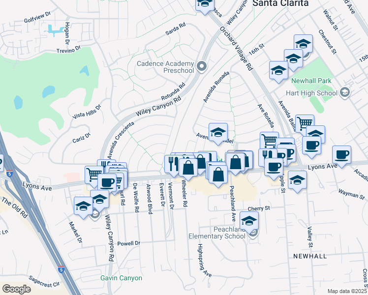 map of restaurants, bars, coffee shops, grocery stores, and more near 25263 Vía Sistine in Santa Clarita