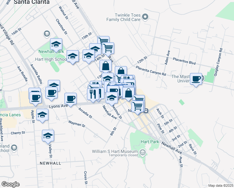 map of restaurants, bars, coffee shops, grocery stores, and more near 24529 Walnut Street in Santa Clarita