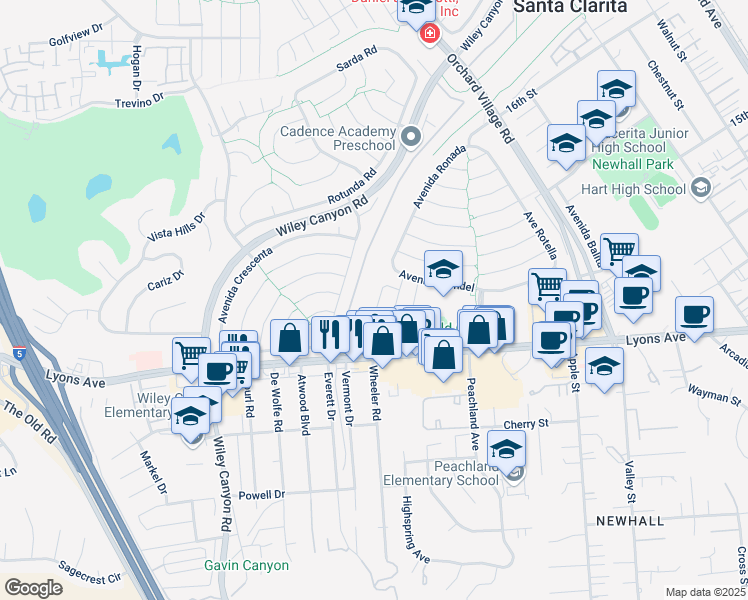 map of restaurants, bars, coffee shops, grocery stores, and more near 25263 Vía Sistine in Santa Clarita