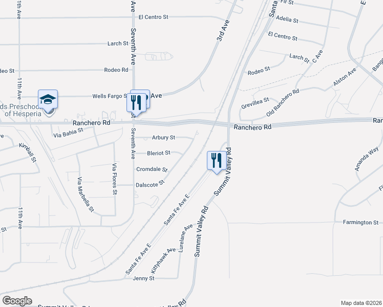 map of restaurants, bars, coffee shops, grocery stores, and more near 7187 Dalscote Street in Hesperia