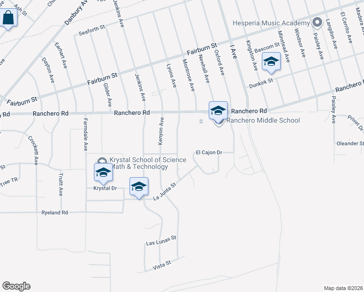 map of restaurants, bars, coffee shops, grocery stores, and more near 7165 Lyons Avenue in Hesperia
