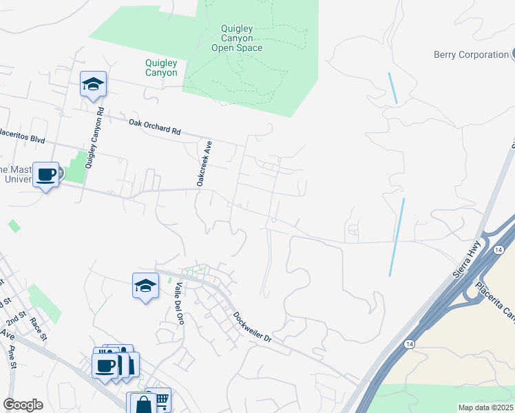 map of restaurants, bars, coffee shops, grocery stores, and more near 21143 Placerita Canyon Road in Santa Clarita