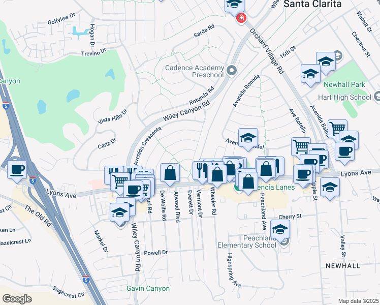 map of restaurants, bars, coffee shops, grocery stores, and more near 23910 Vía Copeta in Santa Clarita