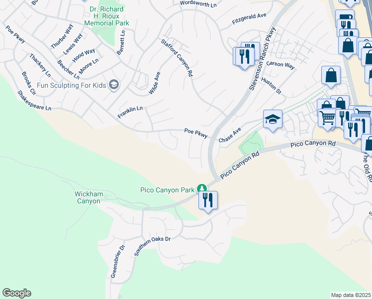 map of restaurants, bars, coffee shops, grocery stores, and more near 25312 Joyce Place in Stevenson Ranch