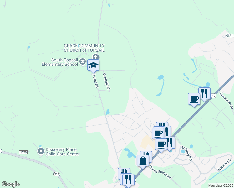 map of restaurants, bars, coffee shops, grocery stores, and more near 112 Kingsport Drive in Hampstead