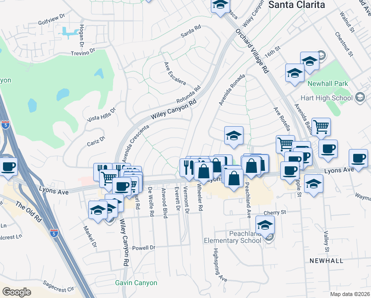 map of restaurants, bars, coffee shops, grocery stores, and more near 23903 Vía Copeta in Santa Clarita
