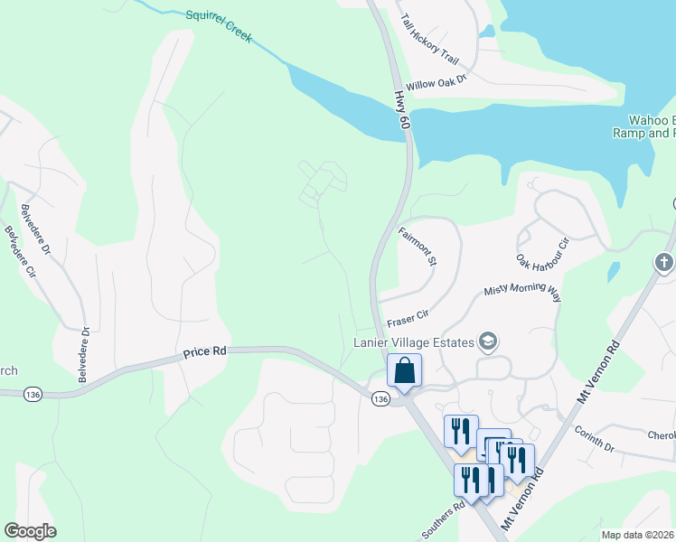 map of restaurants, bars, coffee shops, grocery stores, and more near 4125 Thompson Bridge Road in Gainesville