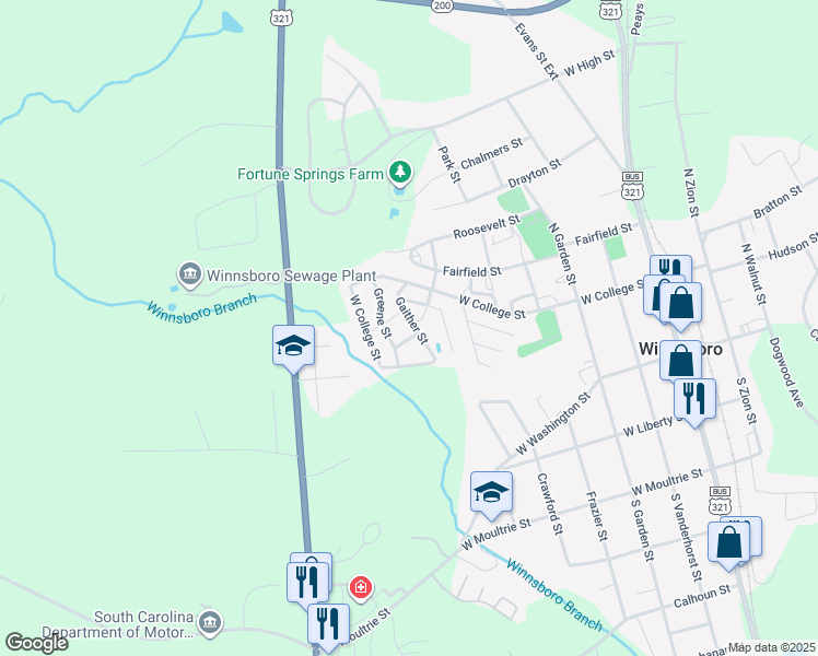 map of restaurants, bars, coffee shops, grocery stores, and more near 207 Gaither Street in Winnsboro