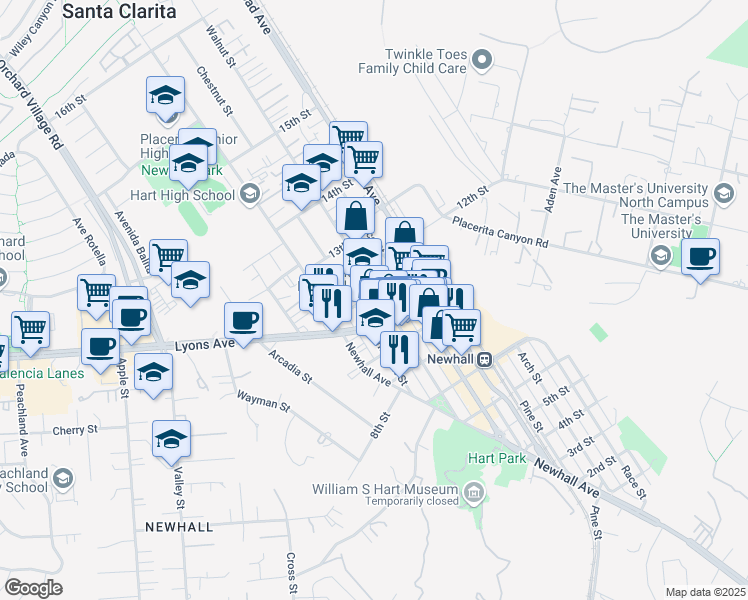map of restaurants, bars, coffee shops, grocery stores, and more near 24529 Walnut St in Santa Clarita