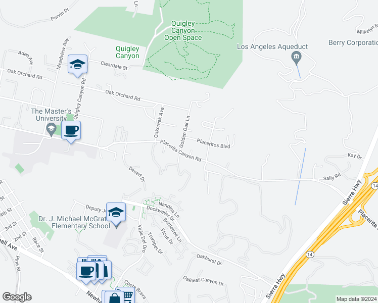 map of restaurants, bars, coffee shops, grocery stores, and more near 21143 Placerita Canyon Road in Santa Clarita