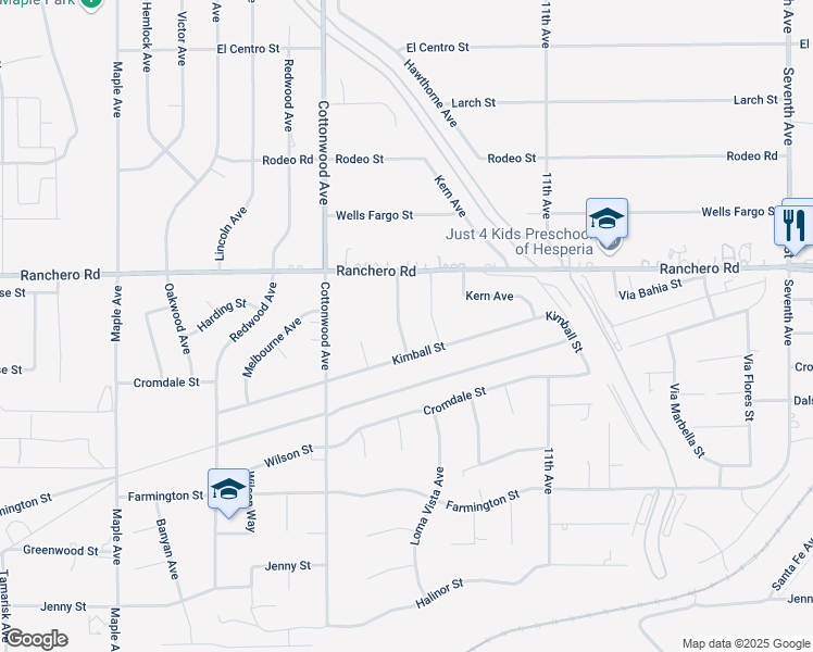 map of restaurants, bars, coffee shops, grocery stores, and more near 7191 Hawthorne Road in Hesperia