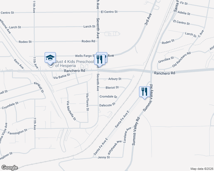 map of restaurants, bars, coffee shops, grocery stores, and more near 15798 Bleriot Street in Hesperia