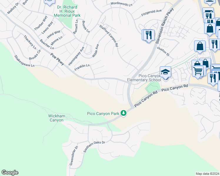 map of restaurants, bars, coffee shops, grocery stores, and more near 25312 Joyce Place in Stevenson Ranch