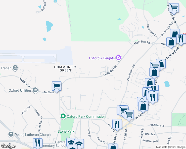 map of restaurants, bars, coffee shops, grocery stores, and more near 1209-1323 Molly Barr Rd in Oxford