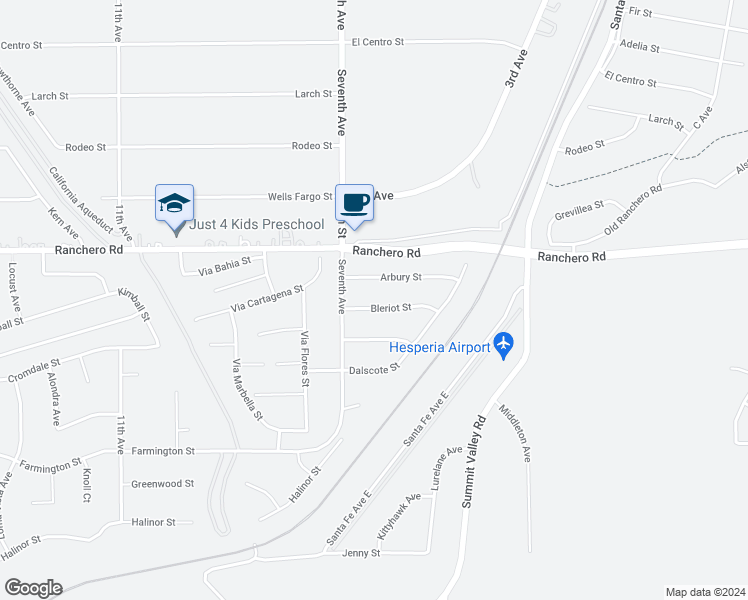 map of restaurants, bars, coffee shops, grocery stores, and more near 15798 Bleriot Street in Hesperia