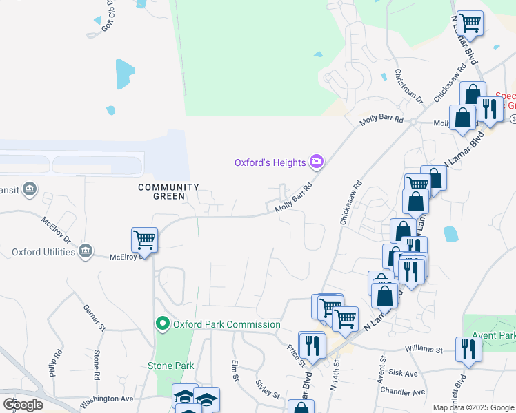 map of restaurants, bars, coffee shops, grocery stores, and more near 1209 Molly Barr Road in Oxford