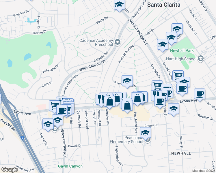 map of restaurants, bars, coffee shops, grocery stores, and more near 25275 Vía Sistine in Santa Clarita