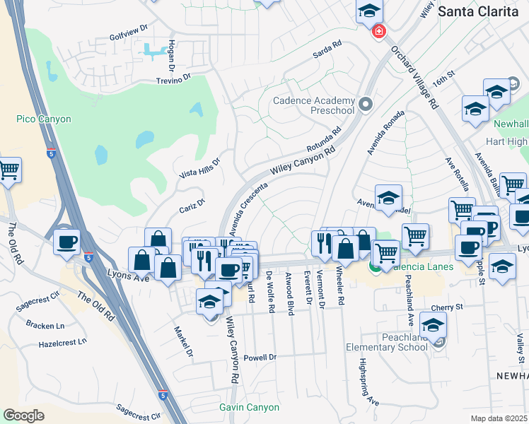 map of restaurants, bars, coffee shops, grocery stores, and more near 25332 Vía Artina in Santa Clarita