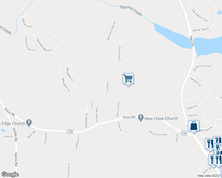 map of restaurants, bars, coffee shops, grocery stores, and more near 3938 Pointe North in Gainesville