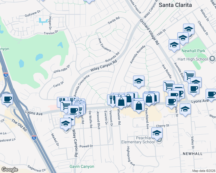 map of restaurants, bars, coffee shops, grocery stores, and more near 23903 Vía Copeta in Santa Clarita