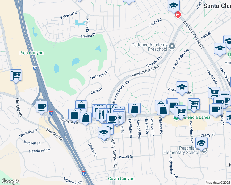map of restaurants, bars, coffee shops, grocery stores, and more near 24106 Avenida Crescenta in Santa Clarita