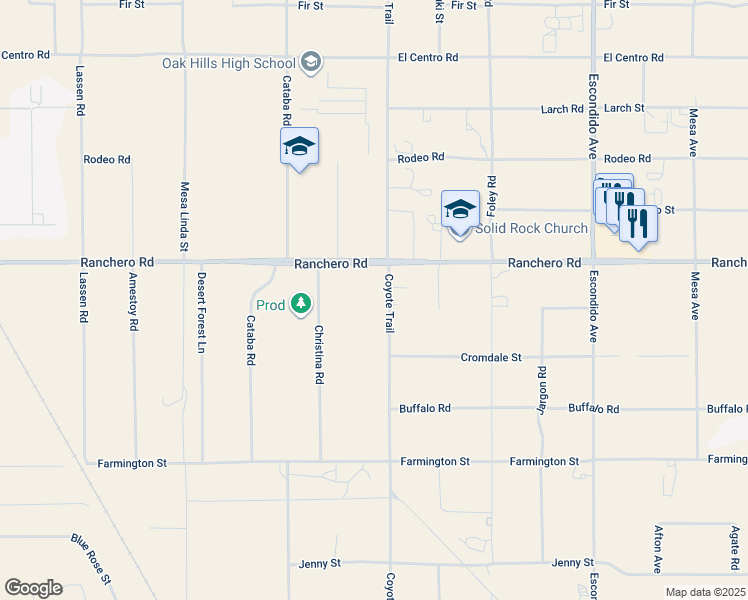 map of restaurants, bars, coffee shops, grocery stores, and more near 7236 Coyote Trail in Hesperia