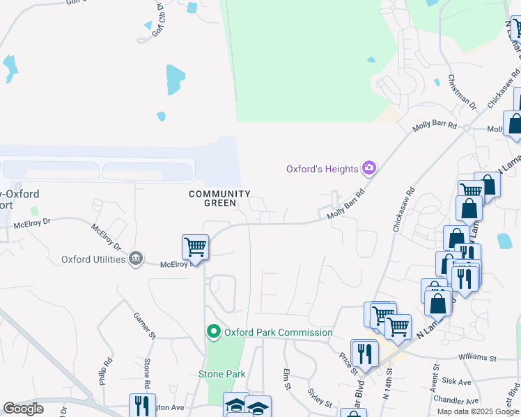 map of restaurants, bars, coffee shops, grocery stores, and more near 1021 Molly Barr Road in Oxford