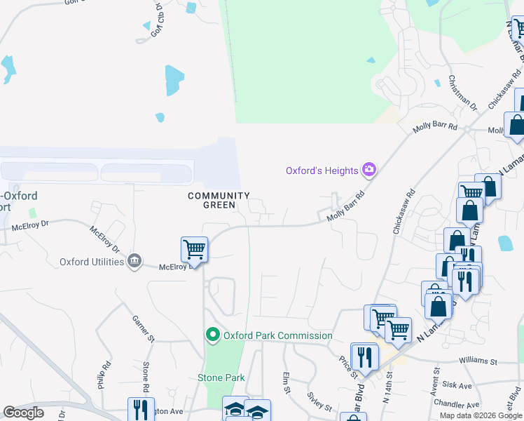 map of restaurants, bars, coffee shops, grocery stores, and more near 1021 Molly Barr Road in Oxford