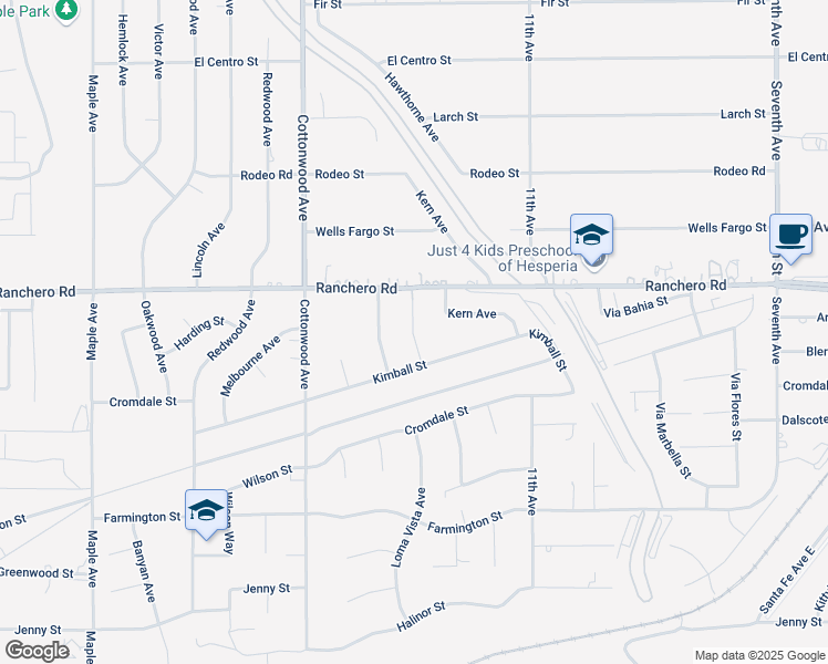 map of restaurants, bars, coffee shops, grocery stores, and more near 7191 Hawthorne Road in Hesperia