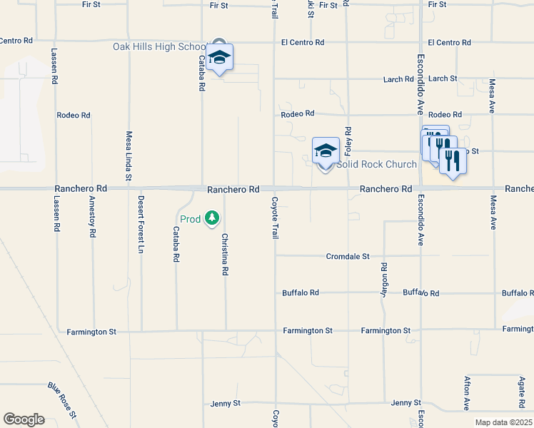 map of restaurants, bars, coffee shops, grocery stores, and more near 7236 Coyote Trail in Hesperia