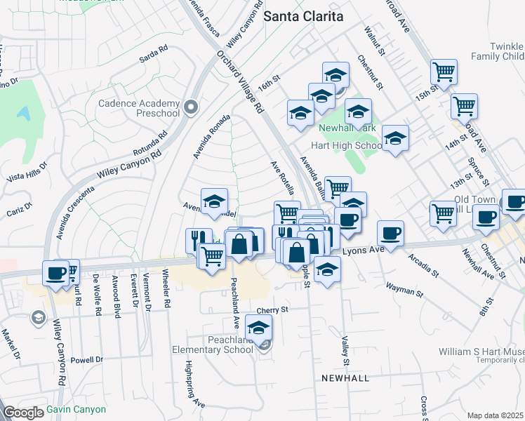 map of restaurants, bars, coffee shops, grocery stores, and more near 23515 Avenue Rotella in Santa Clarita