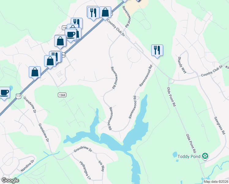 map of restaurants, bars, coffee shops, grocery stores, and more near 241 Ravenswood Road in Hampstead