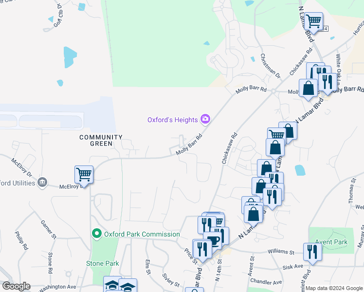 map of restaurants, bars, coffee shops, grocery stores, and more near 101 Patti Lane in Oxford