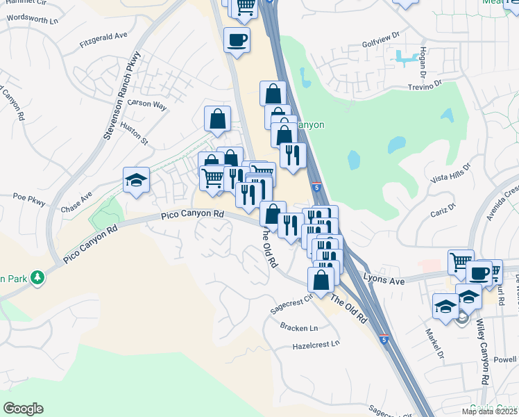 map of restaurants, bars, coffee shops, grocery stores, and more near 24925 Pico Canyon Road in Stevenson Ranch