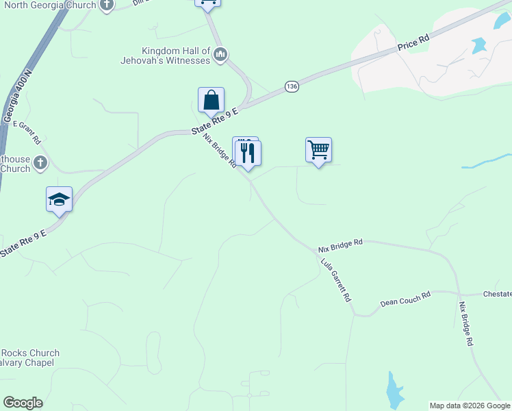 map of restaurants, bars, coffee shops, grocery stores, and more near 364 Nix Bridge Road in Dawsonville