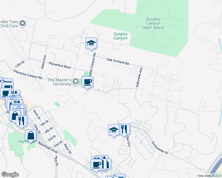map of restaurants, bars, coffee shops, grocery stores, and more near 21515 Placerita Canyon Road in Santa Clarita