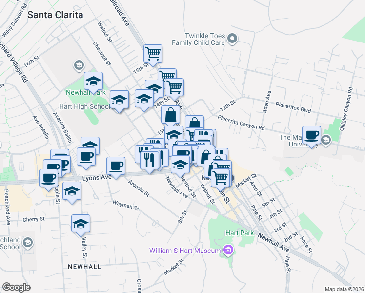 map of restaurants, bars, coffee shops, grocery stores, and more near 24529 Walnut Street in Santa Clarita