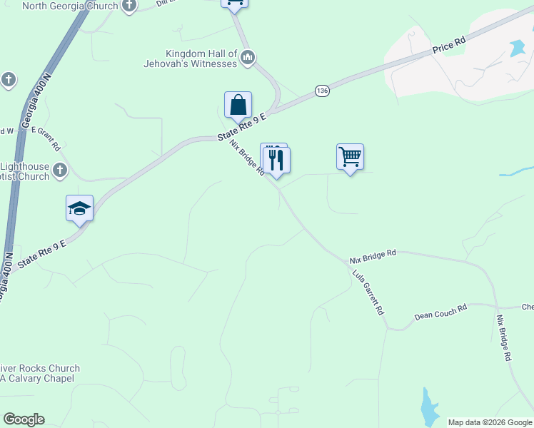 map of restaurants, bars, coffee shops, grocery stores, and more near 364 Nix Bridge Road in Dawsonville