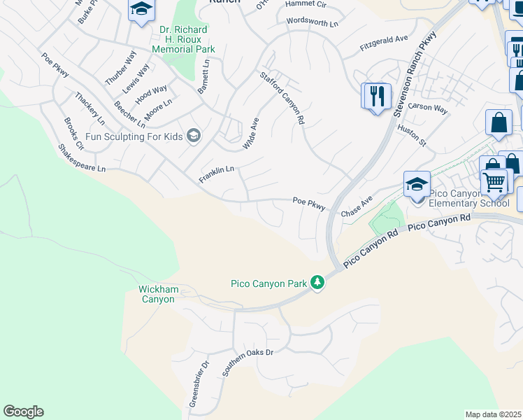 map of restaurants, bars, coffee shops, grocery stores, and more near 25352 Clarke Street in Stevenson Ranch